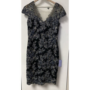 Tadashi‎ Shoji Embroidered Mesh Black Cocktail Dress Blue & Gold Flowers Size 6